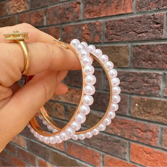 Pearl Hoop  Gold Earrings - Picture 4 of 7